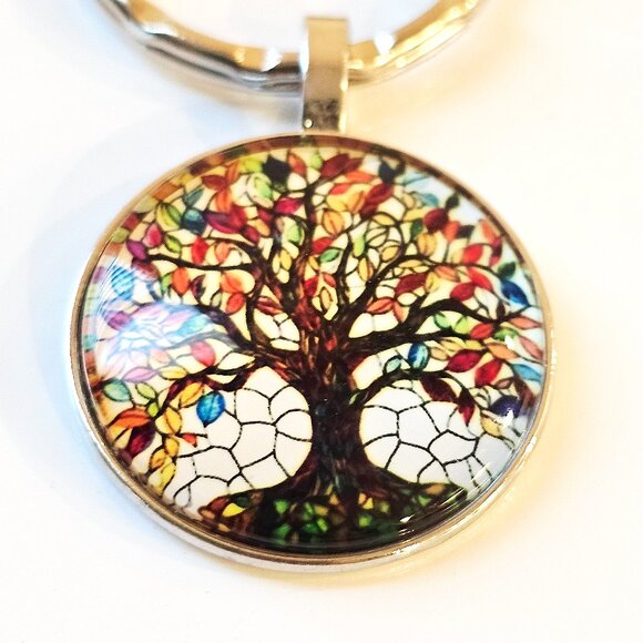 Stained Glass Tree of Life Keychain Colorful Glass Dome Charm with Mosaic Design - Picture 2 of 4